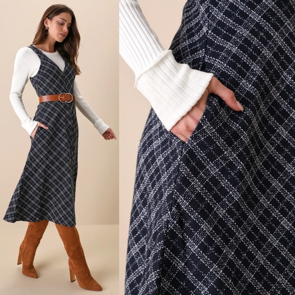 Navy Blue Plaid Tweed Midi Dress With Pockets 🌿 - Picture 5 of 12